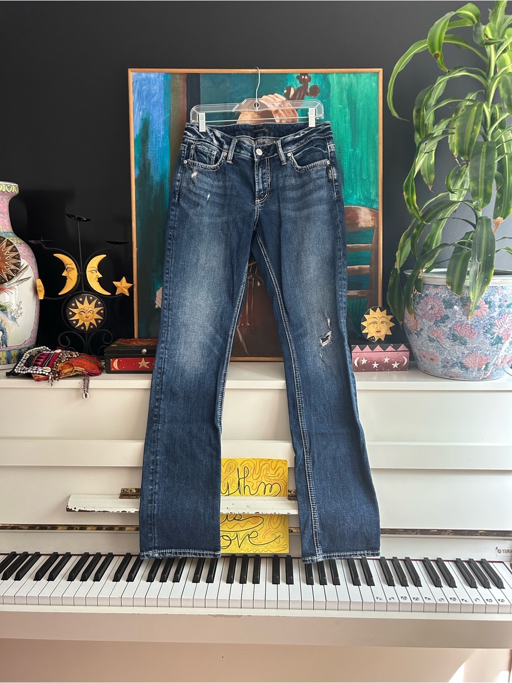 Silver Jeans Co Women’s Distressed Dark Wash Bootcut Flare Jeans Y2K Denim